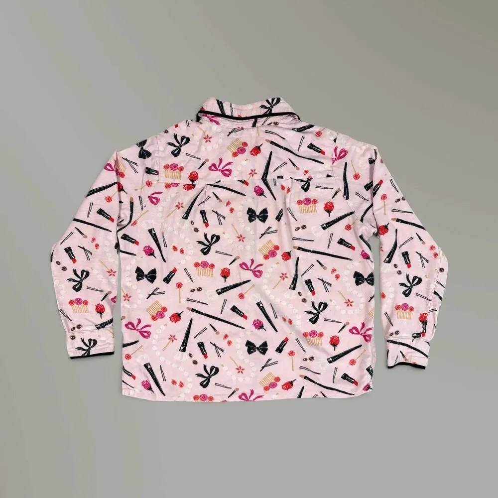 Kate Spade Pink Flannel Pajama Set Makeup Lipstick Bows Sz Med READ DESC.